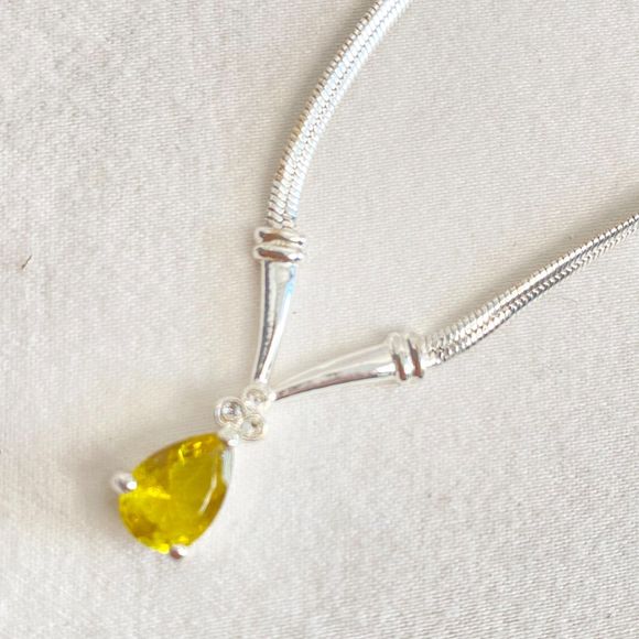 Demi Parure Necklace Bracelet Yellow Teardrop & Rhinestones On Silver Tone Chain - Picture 5 of 15